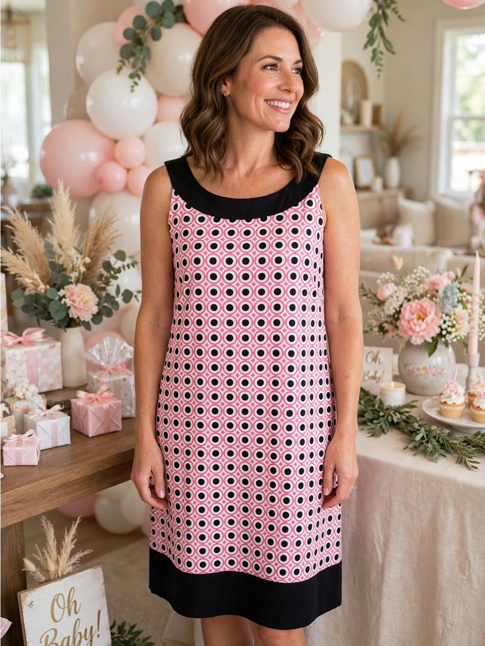 New York & Company Pink and Black Circle-Print Midi Dress with Pockets